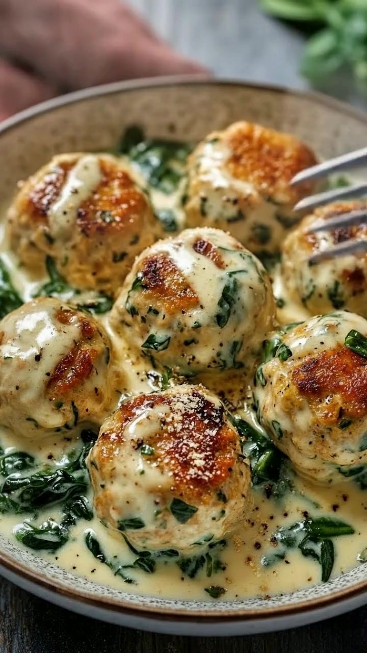 Chicken Ricotta Meatballs in Spinach Alfredo Sauce